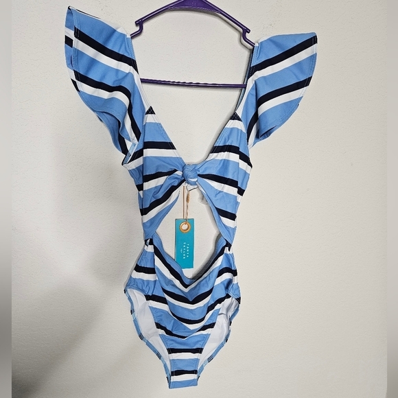 💚HP💚NWT Tanya Taylor Coraline Stripe Cutout One Piece Swimsuit Blue and White - Picture 5 of 16